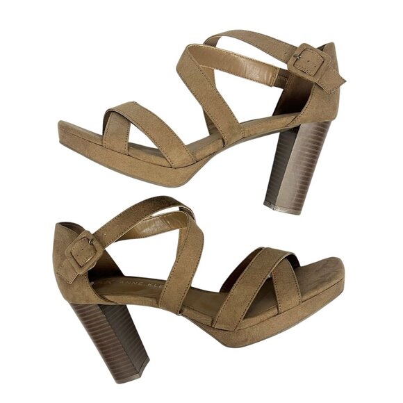 AK Anne Klein Valta Chunky Sandals Size 9.5 Block Heel Strappy Brown Crossover - Picture 2 of 9